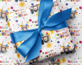 Offensive Chimps &#39;Happy F***ing Birthday&#39; Wrapping Paper | Middle-Finger Birthday Gag | Messy Watercolour Print Gift Paper Sheet / Roll