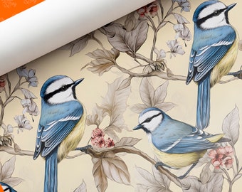 Papier cadeau de luxe avec mésanges bleues - Papier cadeau élégant pour observer les oiseaux pour toute occasion - Idées cadeaux de luxe pour les amateurs d'oiseaux