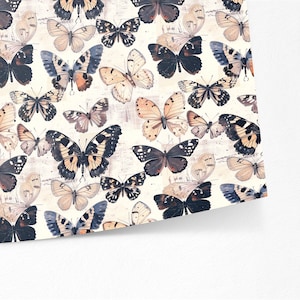May include: A seamless pattern featuring a variety of butterflies in shades of brown, black, and white on a cream background. The butterflies are arranged in a repeating pattern, creating a whimsical and elegant design.