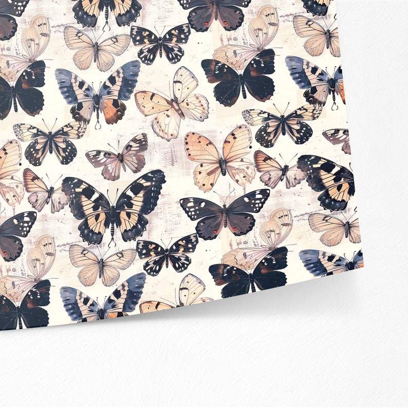 May include: A seamless pattern featuring a variety of butterflies in shades of brown, black, and white on a cream background. The butterflies are arranged in a repeating pattern, creating a whimsical and elegant design.