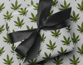 Weed Plant Motif Wrapping Paper | Grey & Green Cannabis Leaf Symbol Icon Gift Wrapping Paper | Custom Printed Stoner Pot Head Gift Wrap
