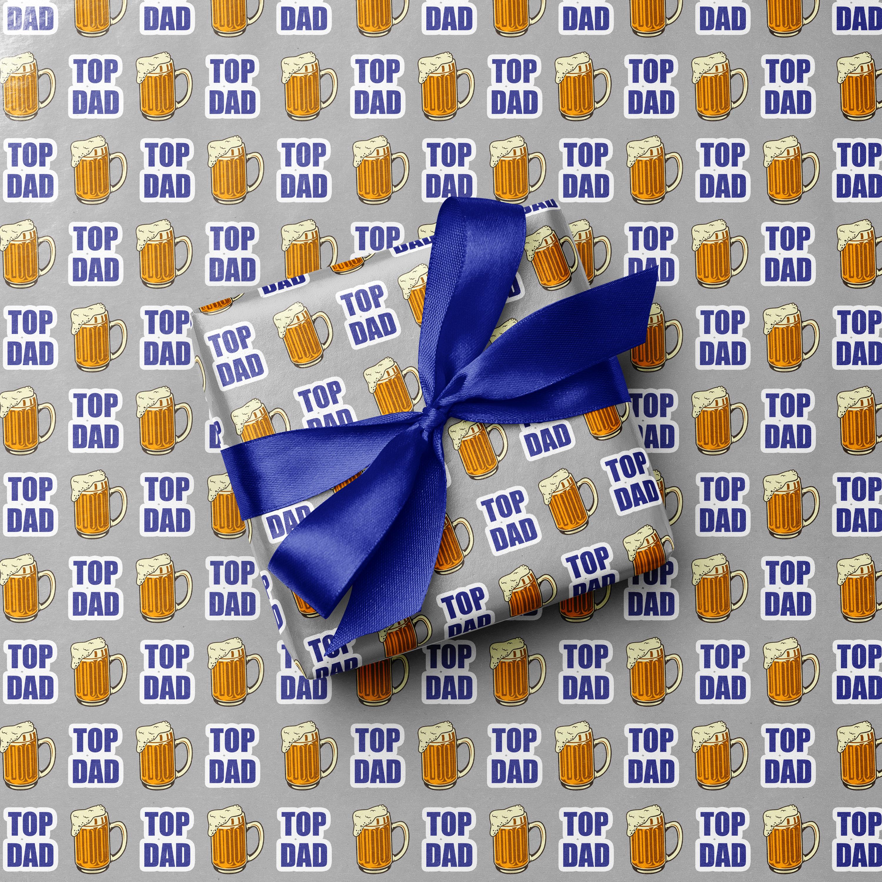 Beer 'Top Dad' Gift Wrap - Fathers Day Pint Lager Glass, Birthday Gift Wrapping Paper, Gifts for Dad, Premium Grey Blue Gift Paper Wrap