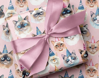Party Katzen Geburtstagspapier - Handgezeichnete Katzen, Pastell Rosa Geschenkverpackung