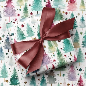 Carta da regalo di lusso con stampa di albero di Natale in colori pastello e acquerello - Carta da regalo con albero di pelliccia disegnato a mano - Stampa di lusso con natura rosa pastello e verde