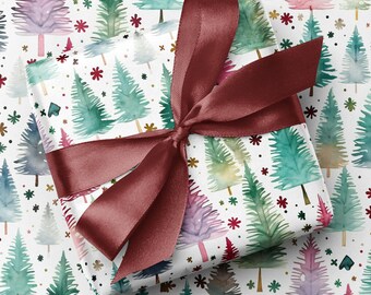 Pastel Watercolour Christmas Tree Wrapping Paper - Festive Hand Drawn Fur Trees Gift Strong Wrap