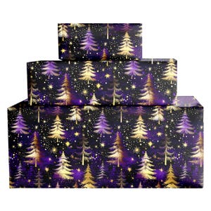 Luxury Purple & Gold Christmas Fur Trees Wrapping Paper - Festive Winter Snowfall Special Gift Wrap image 2