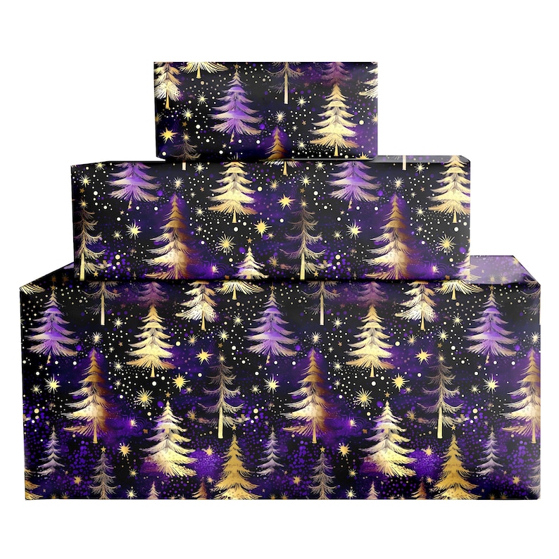Luxury Purple & Gold Christmas Fur Trees Wrapping Paper - Festive Winter Snowfall Special Gift Wrap image 2