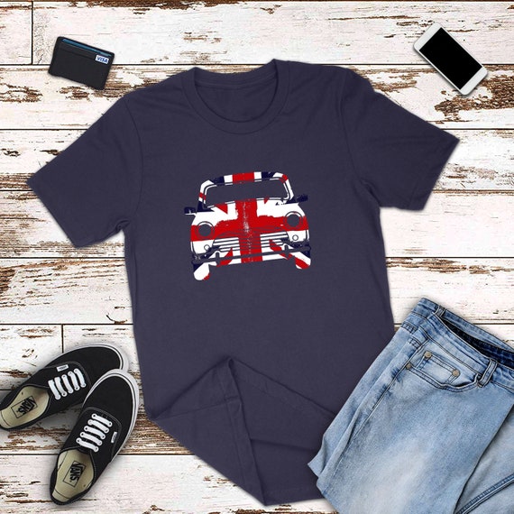 メンズ ユニオンジャック ミニクーパー Tシャツ、レトロな英国車 
