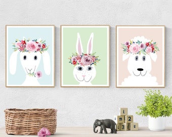 Three Nursery Printables, Kids Floral Animal Poster Set for Girl's Bedroom