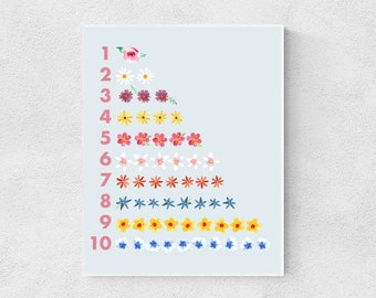 Large Nursery Printable, Kids Floral Numeracy 1-10 Poster Set for Girl's Bedroom