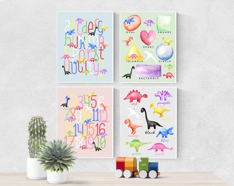 Four Large Boy Nursery Printable Art, Dinosaur Educational Poster Set for Kids Bedroom