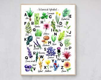 Printable Nursery Art, Kids Gender Neutral Large Botanical Alphabet Poster for Children's Bedroom