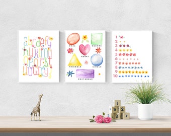 Three Minimalistic Nursery Printables, Kids Floral Educational Poster Set for Girl's Bedroom