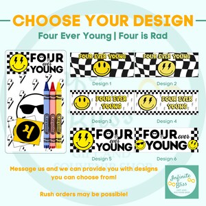 Four Ever Young Coloring Packs | Four is Rad Party Coloring Pages | Party Favor | Smiley | Birthday Party Supply | Crayola Crayons