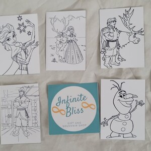 May include: A set of ten black and white coloring pages featuring characters from the Disney movie Frozen. The pages include Elsa, Anna, Olaf, Kristoff, and Sven. The pages are printed on white cardstock and are ready to be colored.