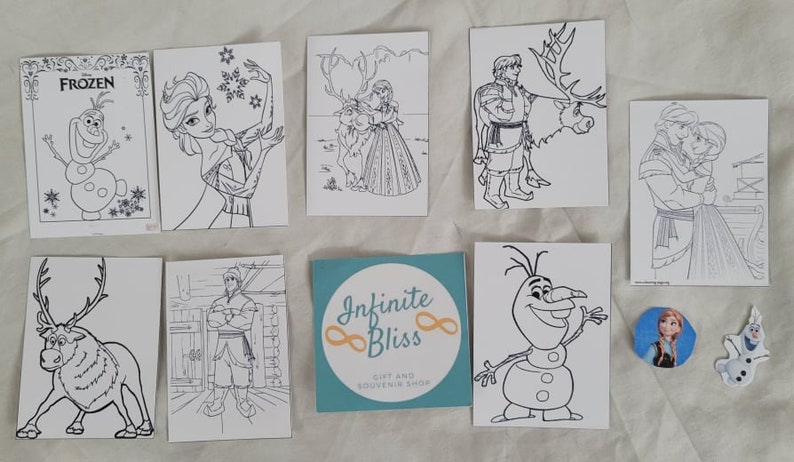 May include: A set of ten black and white coloring pages featuring characters from the Disney movie Frozen. The pages include Elsa, Anna, Olaf, Kristoff, and Sven. The pages are printed on white cardstock and are ready to be colored.