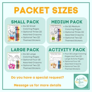 K&ouml;nnte beinhalten: Eine informative Grafik mit dem Titel &bdquo;PAKETGR&Ouml;SSEN&ldquo; zeigt vier verschiedene Aktivit&auml;tspakete: Klein, Mittel, Gro&szlig; und Aktivit&auml;t. Jedes Paket enth&auml;lt Malvorlagen, Buntstifte und Aufkleber. Die Grafik enth&auml;lt auch den Text &bdquo;Haben Sie einen Sonderwunsch? Kontaktieren Sie uns f&uuml;r weitere Details.&ldquo;