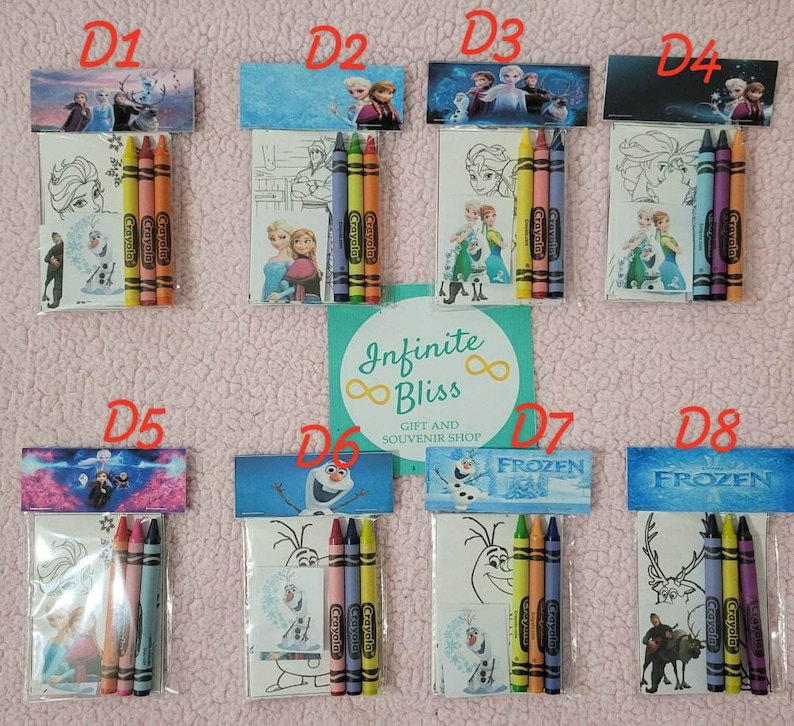 May include: Eight small plastic bags with coloring pages and crayons. The bags are labeled D1 through D8. The coloring pages feature characters from the movie Frozen. The bags are labeled with the words "Infinite Bliss" and "Gift and Souvenir Shop".