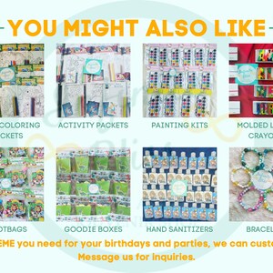 K&ouml;nnte beinhalten: Sortiment an Partygeschenken f&uuml;r Geburtstage und Partys. Das Bild zeigt eine Vielzahl von Artikeln, darunter gro&szlig;e Malpakete, Aktivit&auml;tspakete, Malsets, geformte Buchstabenkreiden, Beutels&auml;cke, Goodie-Boxen, H&auml;ndedesinfektionsmittel und Armb&auml;nder. Der Text "ANY THEME you need for your birthdays and parties, we can customize it! Message us for inquiries." befindet sich am unteren Rand des Bildes.