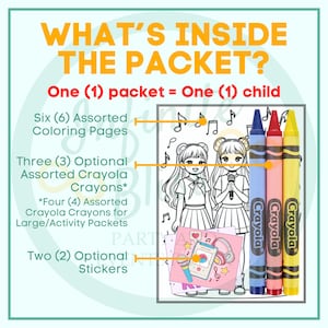 K&ouml;nnte beinhalten: Bild, das den Inhalt eines Pakets zeigt: sechs Malvorlagen, drei optionale Buntstifte und zwei optionale Aufkleber. Die Malvorlagen zeigen zwei singende M&auml;dchen. Drei Crayola-Buntstifte sind sichtbar: blau, rot und gelb.