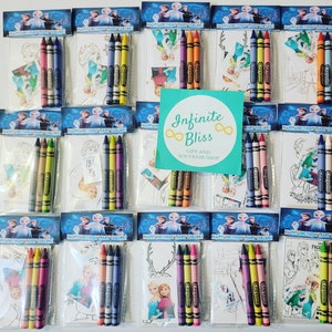 May include: A set of 10 Frozen-themed coloring kits, each containing a small coloring book and four crayons. The coloring books feature images of Elsa, Anna, and Olaf. The crayons are packaged in clear plastic bags with the Crayola logo.