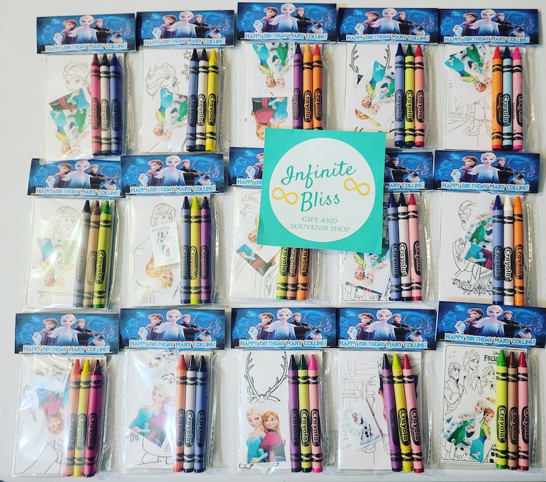 May include: A set of 10 Frozen-themed coloring kits, each containing a small coloring book and four crayons. The coloring books feature images of Elsa, Anna, and Olaf. The crayons are packaged in clear plastic bags with the Crayola logo.