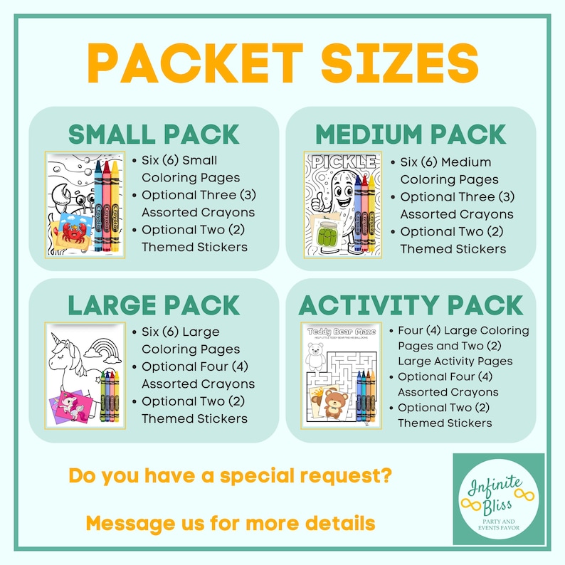 K&ouml;nnte beinhalten: Eine t&uuml;rkisfarbene Grafik mit dem Text "PACKET SIZES" in Gelb. Das Bild zeigt vier Paketoptionen: Klein, Mittel, Gro&szlig; und Aktivit&auml;t, jeweils mit Malvorlagen, Buntstiften und Aufklebern. Der Text unten lautet "Do you have a special request? Message us for more details."