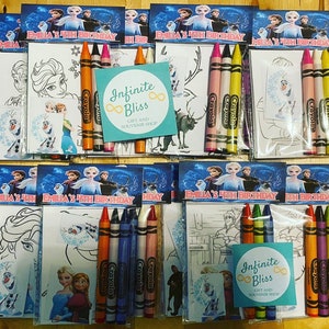 May include: A set of 10 Frozen-themed coloring pages with crayons. Each page features a different character from the movie, including Elsa, Anna, Olaf, and Kristoff. The pages are printed on cardstock and are perfect for kids of all ages. The crayons are Crayola brand and come in a variety of colors.