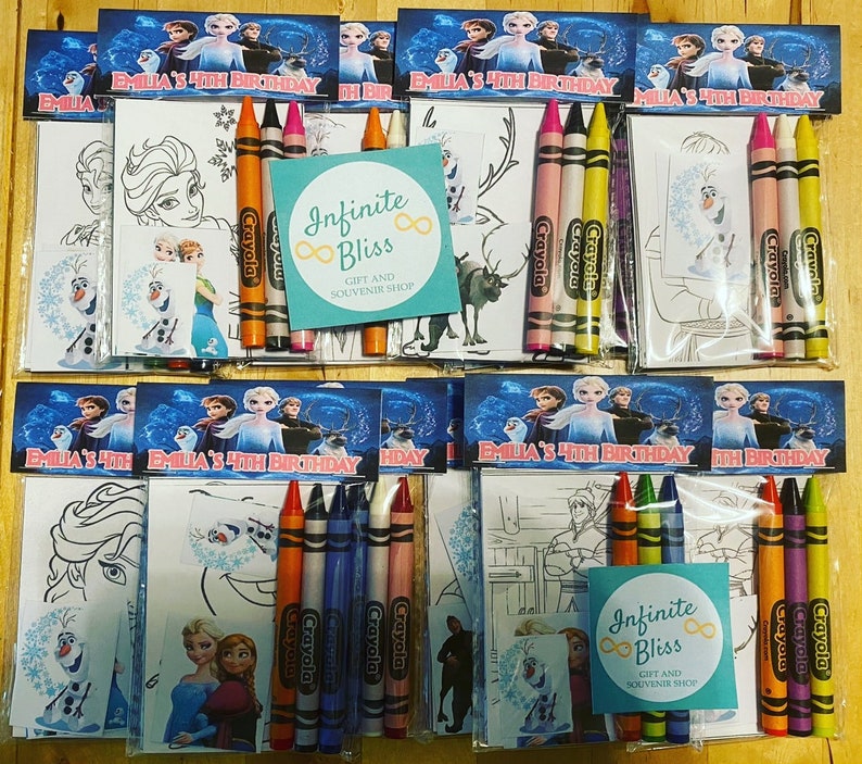 May include: A set of 10 Frozen-themed coloring pages with crayons. Each page features a different character from the movie, including Elsa, Anna, Olaf, and Kristoff. The pages are printed on cardstock and are perfect for kids of all ages. The crayons are Crayola brand and come in a variety of colors.