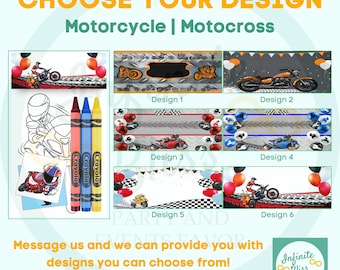 Puede incluir: Imagen con seis diseños temáticos de motocicletas con globos y banderas de carreras. Los diseños incluyen motocicletas en varios colores y estilos. También hay crayones Crayola y una página para colorear de motocicletas. El texto dice "Elige tu diseño" y "Motocicleta | Motocross."
