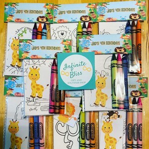 K&ouml;nnte beinhalten: Ein Set mit 10 Party-Geschenkt&uuml;ten f&uuml;r den 4. Geburtstag eines Kindes. Jede T&uuml;te enth&auml;lt eine Malvorlage mit einer Giraffe, einem L&ouml;wen und einem Elefanten. Die T&uuml;ten enthalten auch eine Packung Crayola-Farbstifte.