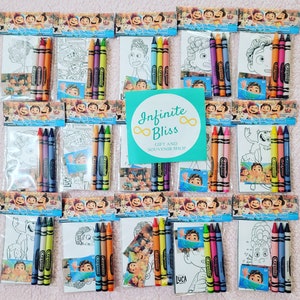 May include: A set of 10 party favor bags featuring a coloring page with a character from the animated film Luca. Each bag includes three crayons in red, yellow, and blue. The bags are labeled "Happy 2nd Birthday Luca!" and have a small sticker with the Luca character on the front.