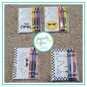 May include: Four sets of party favors, each with a coloring page and crayons. The coloring pages have the phrases "Thank you for my birthday", "Rick is two cool", and "Two Cool". Each set includes Crayola crayons in various colors.