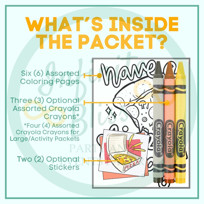 K&ouml;nnte beinhalten: Werbebild mit dem Text &bdquo;WAS IST IM PAKET ENTHALTEN?&ldquo; listet den Inhalt auf: sechs Malvorlagen, drei Buntstifte und zwei Aufkleber. Das Bild enth&auml;lt eine Malvorlage mit Pizza-Motiv und vier Crayola-Buntstifte.