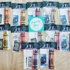 May include: A set of 10 party favor bags with coloring pages and crayons. Each bag features a character from the Addams Family, Wednesday Addams, and the text "Happy Birthday,  " with a name. The bags are decorated with a black and white illustration of the character and the text "Happy Birthday,  " with a name. The crayons are Crayola brand and are in a variety of colors.