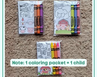 May include: Three clear plastic packets each containing a coloring book and a set of Crayola crayons. The coloring books feature farm animals and scenes. The text "Note: 1 coloring packet = 1 child" is visible.