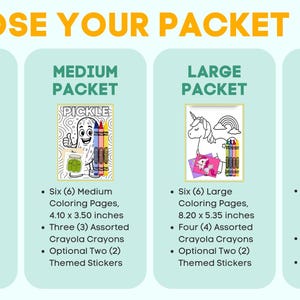 K&ouml;nnte beinhalten: Ein Bild mit dem Text "CHOOSE YOUR PACKET SIZES" zeigt vier Paketoptionen: Klein, Mittel, Gro&szlig; und Aktivit&auml;t. Jedes Paket enth&auml;lt Malvorlagen, Buntstifte und Aufkleber. Das kleine Paket hat Seiten von 9,4 x 6,8 cm.