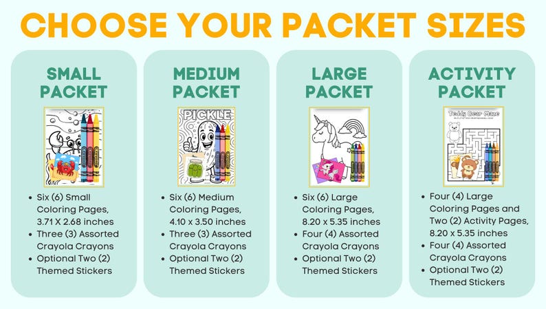 K&ouml;nnte beinhalten: Ein Bild mit dem Text "CHOOSE YOUR PACKET SIZES" zeigt vier Paketoptionen: Klein, Mittel, Gro&szlig; und Aktivit&auml;t. Jedes Paket enth&auml;lt Malvorlagen, Buntstifte und Aufkleber. Das kleine Paket hat Seiten von 9,4 x 6,8 cm.