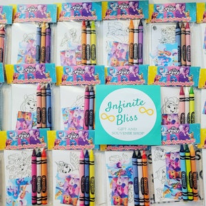 May include: A set of 12 My Little Pony party favor bags, each containing a coloring page and a set of crayons. The bags are decorated with a My Little Pony theme and the text "Happy 5th Birthday!"