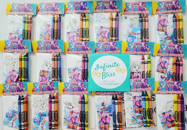 May include: A set of 12 My Little Pony party favor bags, each containing a coloring page and a set of crayons. The bags are decorated with a My Little Pony theme and the text "Happy 5th Birthday!"