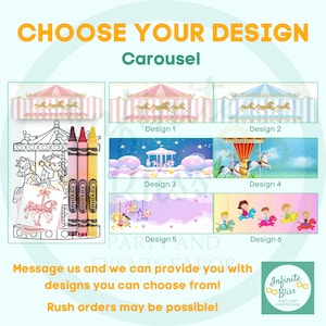 Könnte beinhalten: Bild mit Karussell-Designs mit dem Text "CHOOSE YOUR DESIGN" und "Carousel". Sechs Design-Optionen werden zusammen mit Buntstiften und einer Malvorlage angezeigt. Der Text "Message us and we can provide you with designs you can choose from!" ist ebenfalls vorhanden.