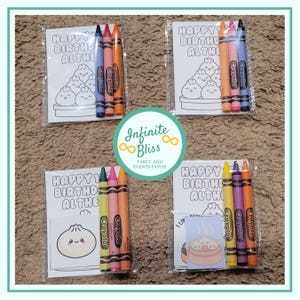 May include: Four sets of party favors, each including a coloring page with the text "HAPPY BIRTHDAY ALTHE" and a set of Crayola crayons in various colors. The favors are packaged in clear plastic bags.