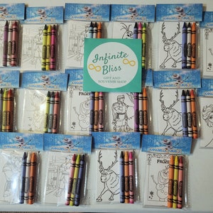 May include: A set of 12 Frozen-themed coloring pages with crayons. Each page features a different character or scene from the movie, such as Elsa, Anna, Olaf, and Sven. The pages are packaged in individual cellophane bags with a header that says "Annabella Turns 31".