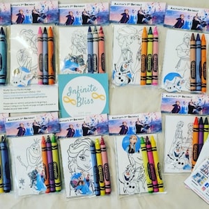 May include: Frozen themed party favor bags with a coloring page, crayons, and a sticker. The bags are labeled with "Aaliyah's 3rd Birthday".