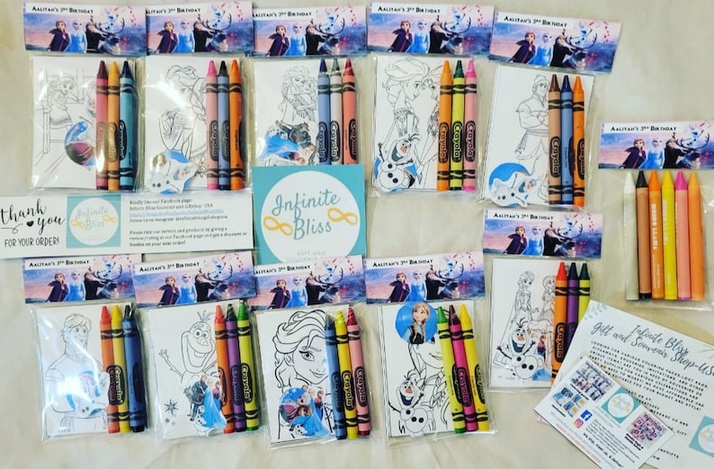 May include: Frozen themed party favor bags with a coloring page, crayons, and a sticker. The bags are labeled with "Aaliyah's 3rd Birthday".