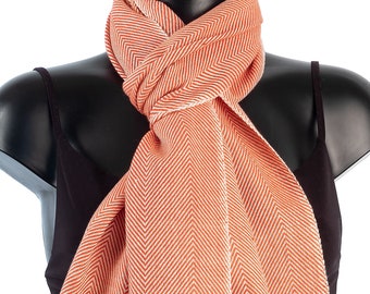 Thick Cotton Winter Scarf Red and Cream In Classic Herringbone Weave. The Perfect Christmas Present Fair Trade Scarf For Men or Women