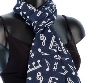 Hand Printed Navy Blue Music Note Scarf: Lightweight Cotton Stole