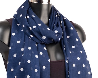 Navy Blue Scarf, Polka Dot Design, Vintage Look Scarves, Blue Spotty Scarf, Light Weight Scarves, Womens Neck Scarf, Gift For Girlfriend