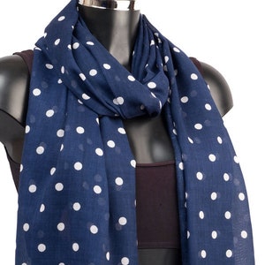 Navy Blue Scarf, Polka Dot Design, Vintage Look Scarves, Blue Spotty Scarf, Light Weight Scarves, Womens Neck Scarf, Gift For Girlfriend