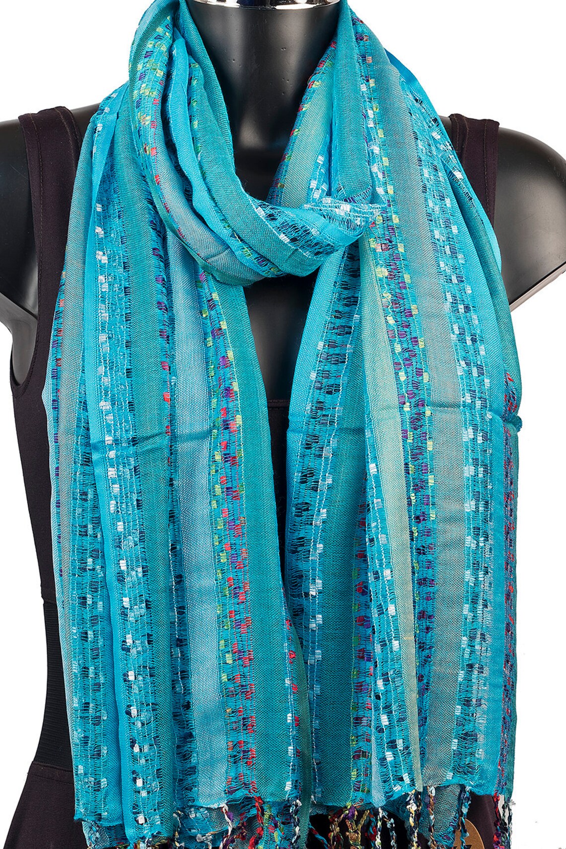 Turquoise Striped Scarf With Tassels Blue Scarves for Women Etsy UK